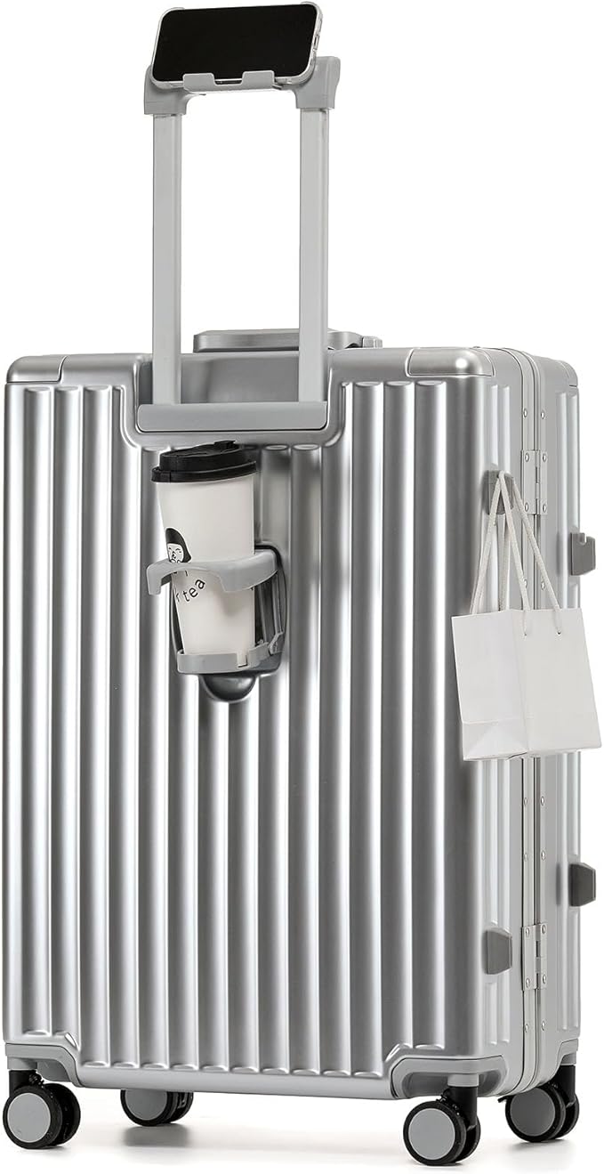 26 Inch Zipperless Checked Travel Luggage with Spinner Wheels,Aluminum Frame Hard Shell Front Pocket Suitcase with Compartment TSA Approved USB Port,Cup & Phone Holder for Women Men,Silver