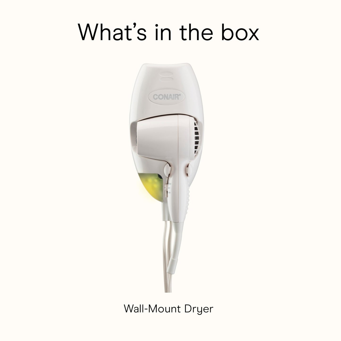 Conair Wall-Mount Hair Dryer, 1600W Blow Dryer with LED Nightlight, 2 Heat 2 Speed Settings, White