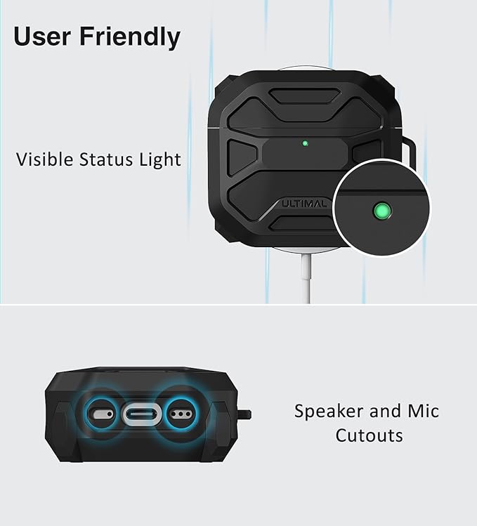 Compatible with AirPods 4 Case, Rugged TPU Double-Layer Cover, Powerful Shockproof Full Protection with Lanyard, Reinforced Magnetic Lid Lock for AirPods 4th Generation case(Black+Black)