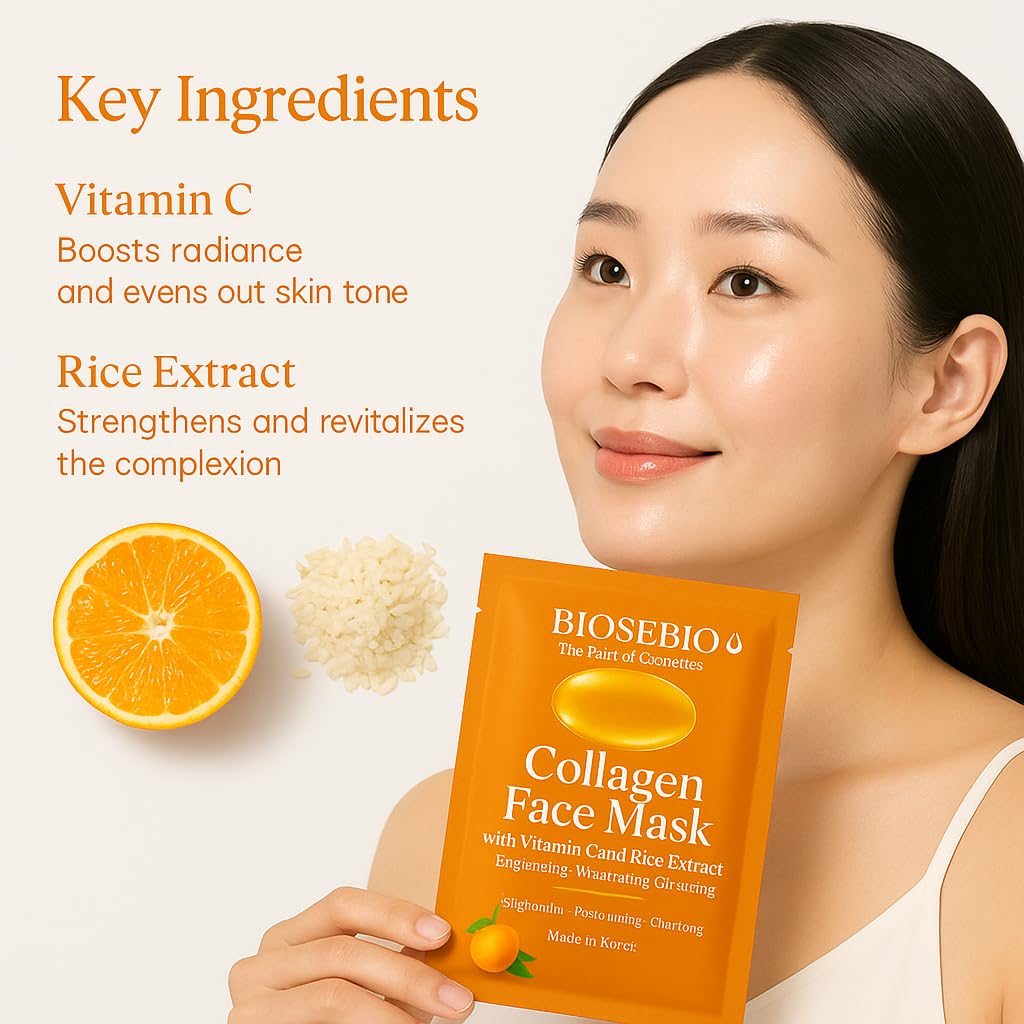 Korean Collagen Face Mask with Vitamin C & Rice Extract - BIOSEBIO Hyaluronic Acid Sheet Masks for Glowing Radiant Skin - Deep Hydrating, Moisturizing & Anti-Aging Facial Skincare for Women - 5 Pack