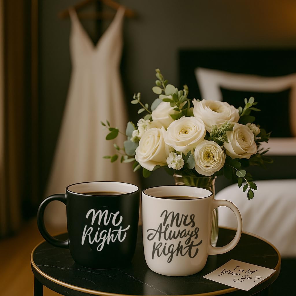 Triple Gifffted Mr Right Mrs Always Right Coffee Mugs Gifts Ideas for Couples, Wedding Anniversary, Engagement, Christmas, His & Hers, Bride and Groom, Parents, Newlyweds Bridal Shower, Ceramic 380ml