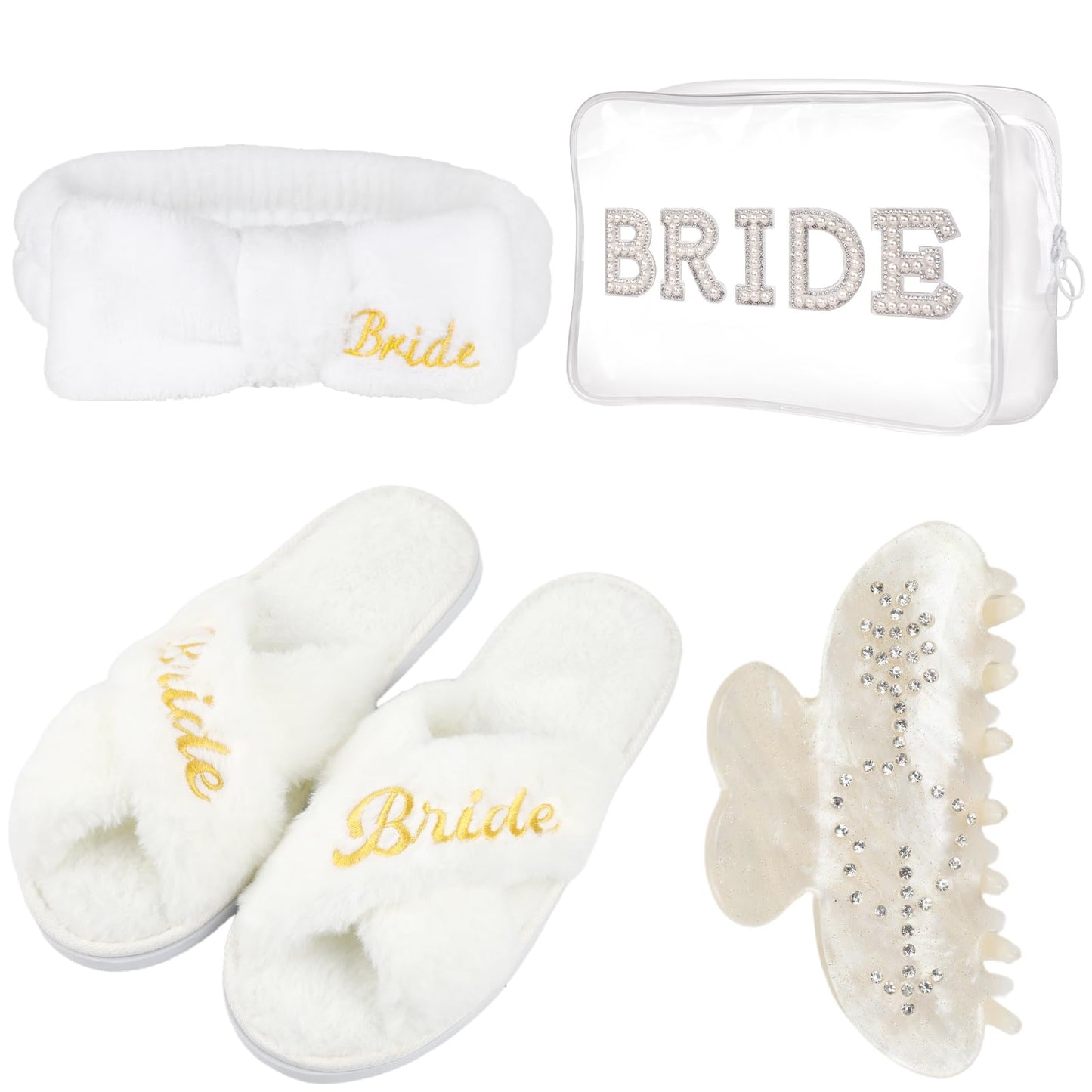 Hazms Bride To Be Gifts Set-4Pcs Bridal Shower Gifts Ideal Bride Gifts for Bachelorette, Wedding, Engagement and Honeymoon Bridal Hair Clip,Makeup Bag, Slippers, Hair Bands Bridal Gifts Set
