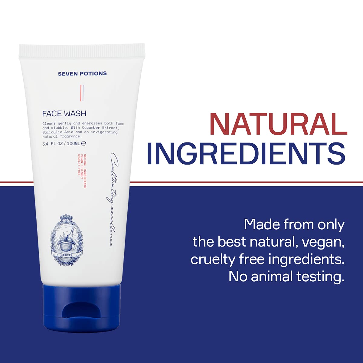 SEVEN POTIONS Face Wash for Men 3.4 FL OZ – Gentle Facial Cleanser For All Skin Types – Maintain Skin’s Moisture, Hydration, Healthy Appearance – Natural, Vegan, Cruelty Free