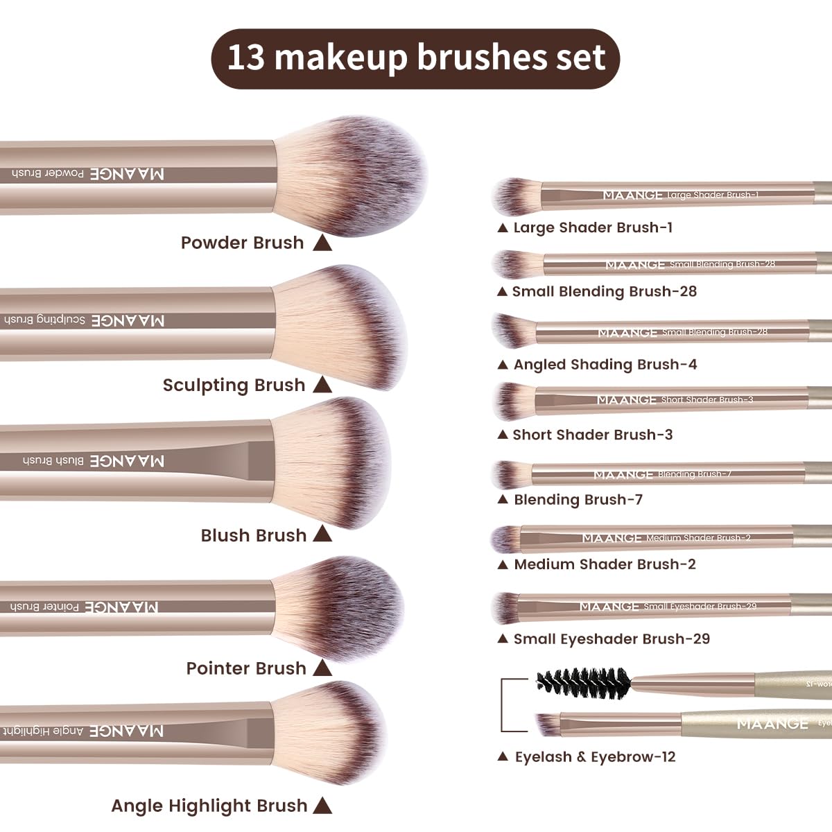 MAANGE 13 PCS Makeup Brushes Professional Make Up Brushes Premium Synthetic Powder Concealers Brushes Travel Makeup Brush Set with Case (Champagne)