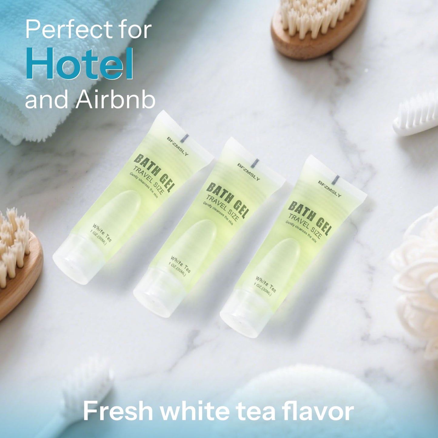 BFZMSLY 30 Pack Bulk Travel Size Body Wash, 1oz Tubes, White Tea Scent, Mini Shower Gel for Hotel Guests, TSA Approved Toiletries, Individually Sealed for Airbnb, Vacation Rentals