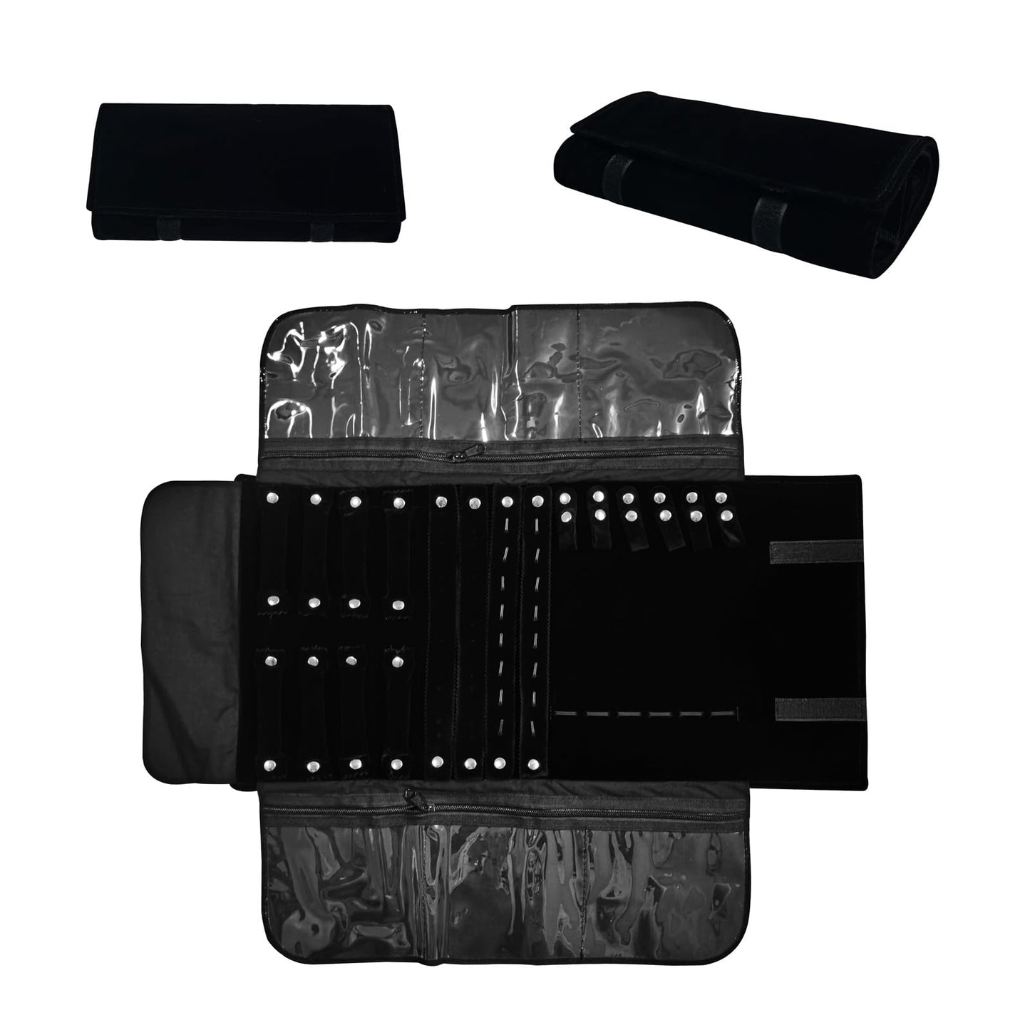 SCIKHEFT Velvet Travel Jewelry Case Roll Bag Organizer for Necklace Bracelet Earrings Ring (Black)