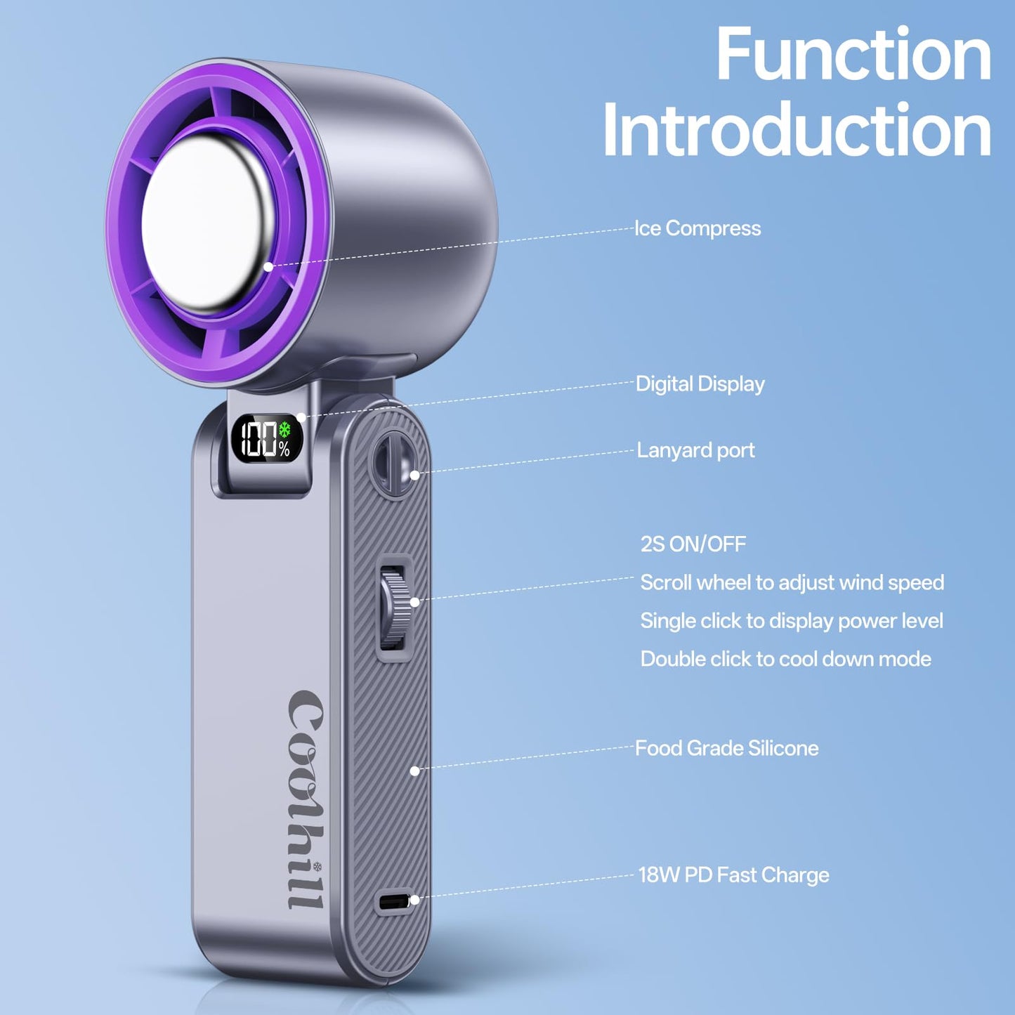 Coolhill Handheld Portable Fan with Ice Cooler: 100-Speed 5500mAh Rechargeable Handheld Fan, 12H Time Hand Cooling Personal Fans with 20000 RPM Air Turbo Tech for Travel Outdoor (Purple)