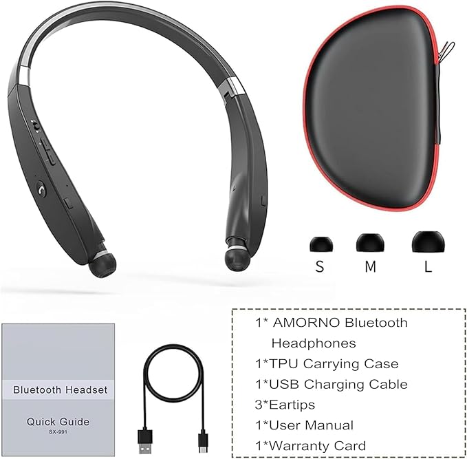 AMORNO Foldable Bluetooth Headphones Wireless Neckband Headset with Retractable Earbuds, Sports Sweatproof Noise Cancelling Stereo Earphones with Mic