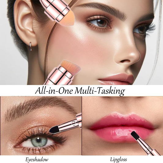 Bling Toman 4 in 1 Makeup Brush, Eyeshadow Eye Lip Face Concealing Blush Foundation Brush All in One Retractable Travel Size Makeup Brush Set (rose gold brush)