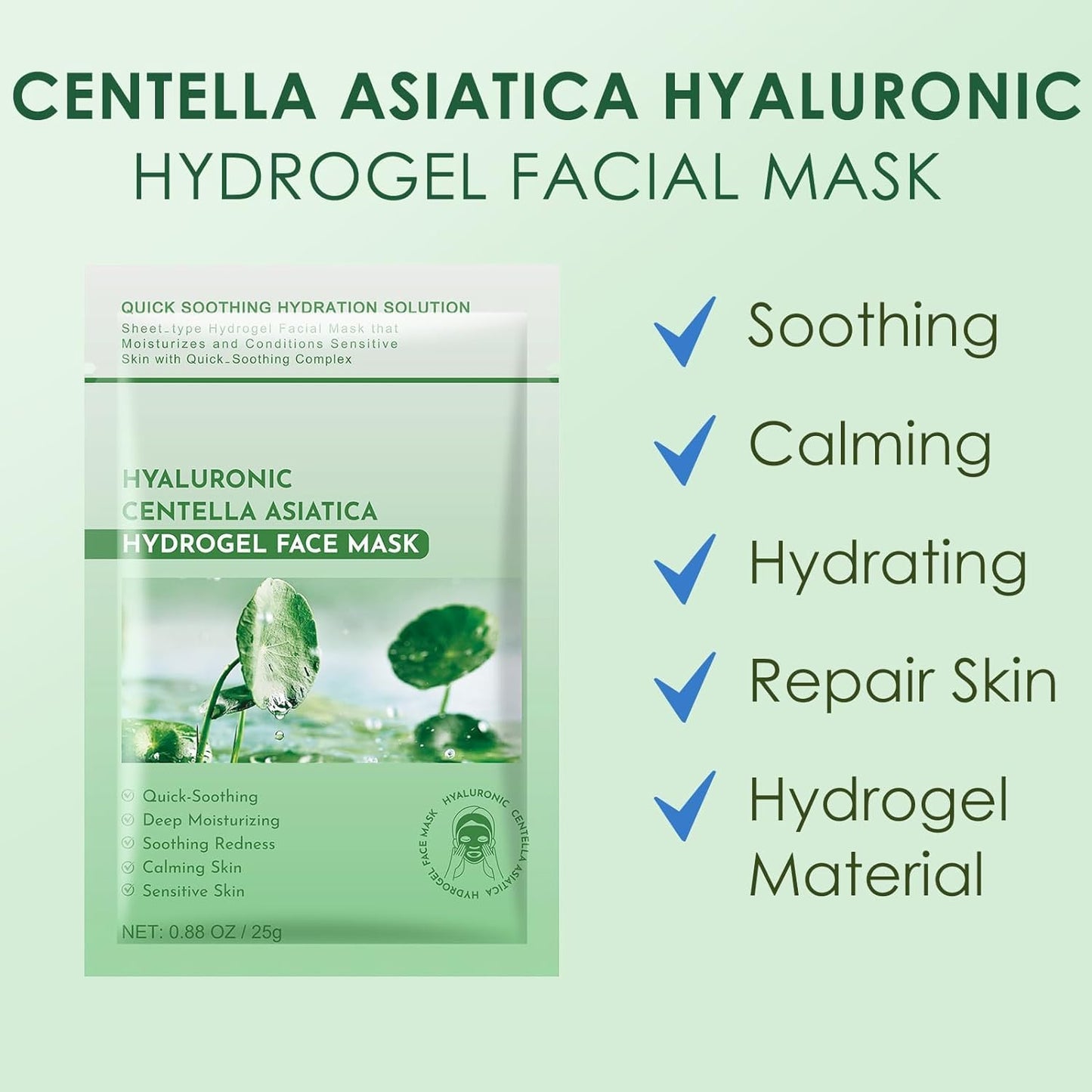 Centella Asiatica Soothing Facial Masks Calming Sheet Mask Hyaluronic Acid Hydrating Sheet Face Mask for Sensitive Skin,Centella Asiatica Calming Mask with Panthenol,Hydrogel Sheet Mask,10 Pack