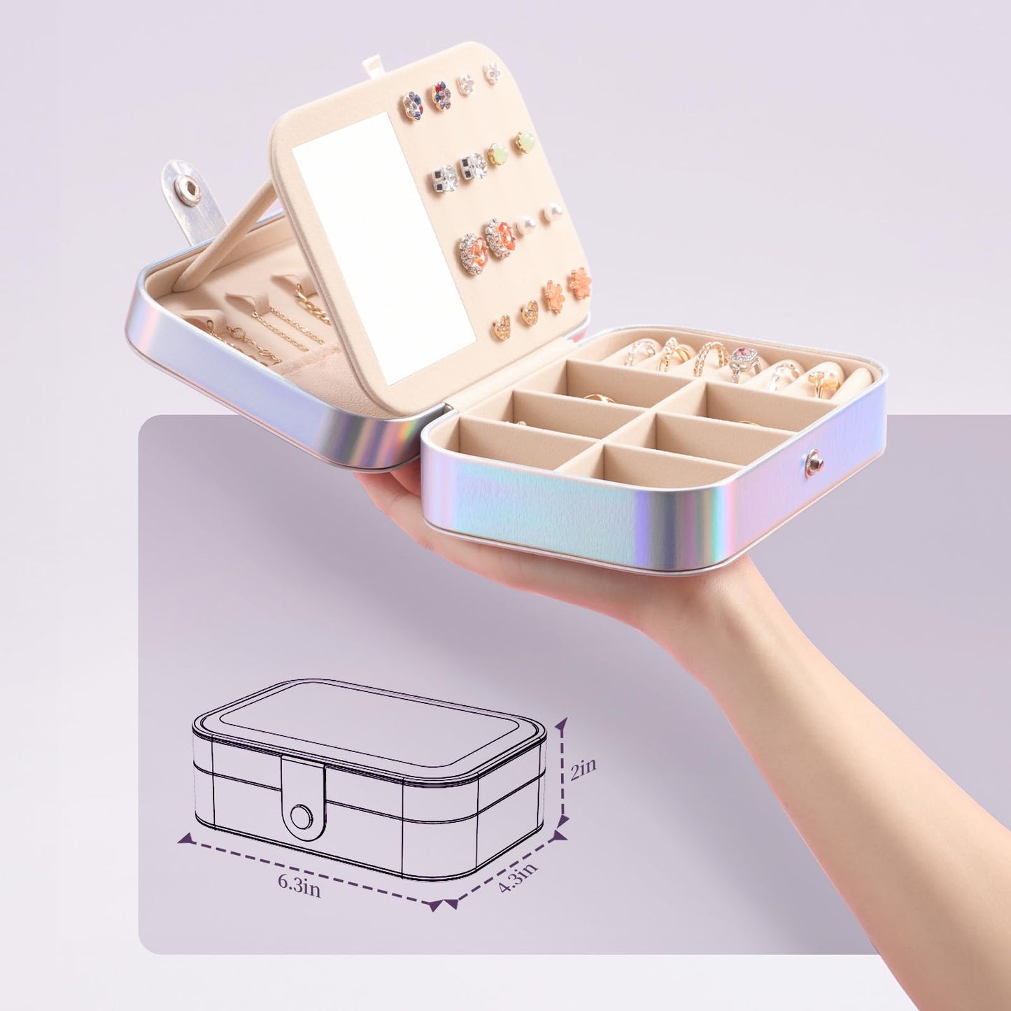 LAMU Travel Jewelry Box,Portable Jewelry Organizers and Stroage, Iridescent Rainbow Small Jewelry Case for Earrings Rings Necklaces,Travel Essentials for Women Girls Bridesmaid Gifts (Silver)