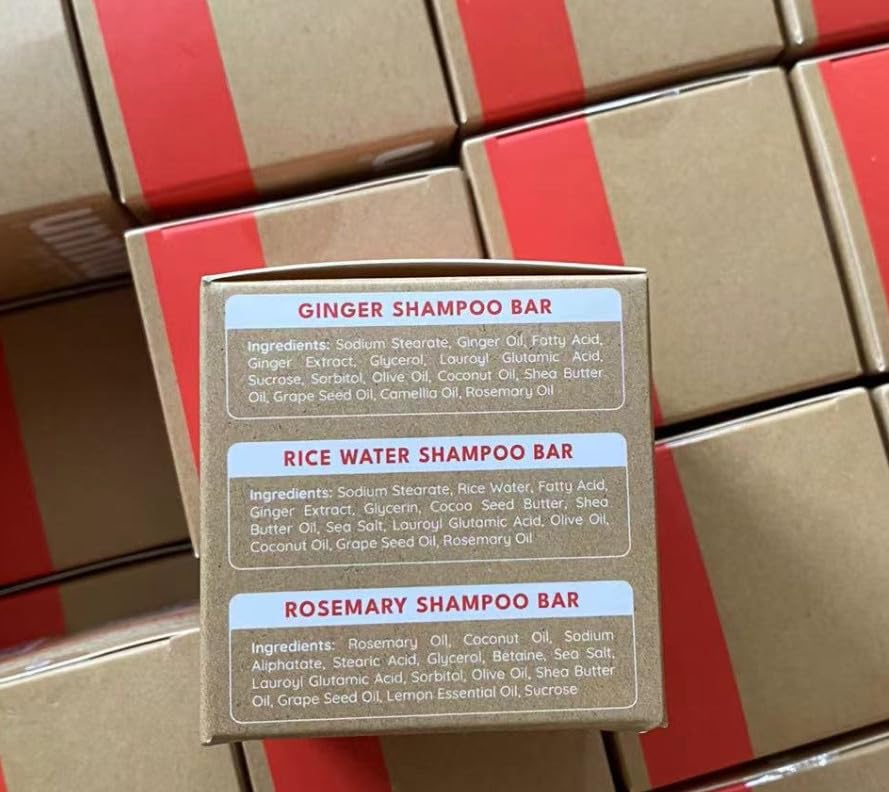 Ginger Rosemary & Rice Water Shampoo Bar Pack 3 - Hair Growth, Thickening, Strengthening, Anti Hair Loss, Volumize & pH Balanced - Sulfate & Silicone Free For All Hair Type