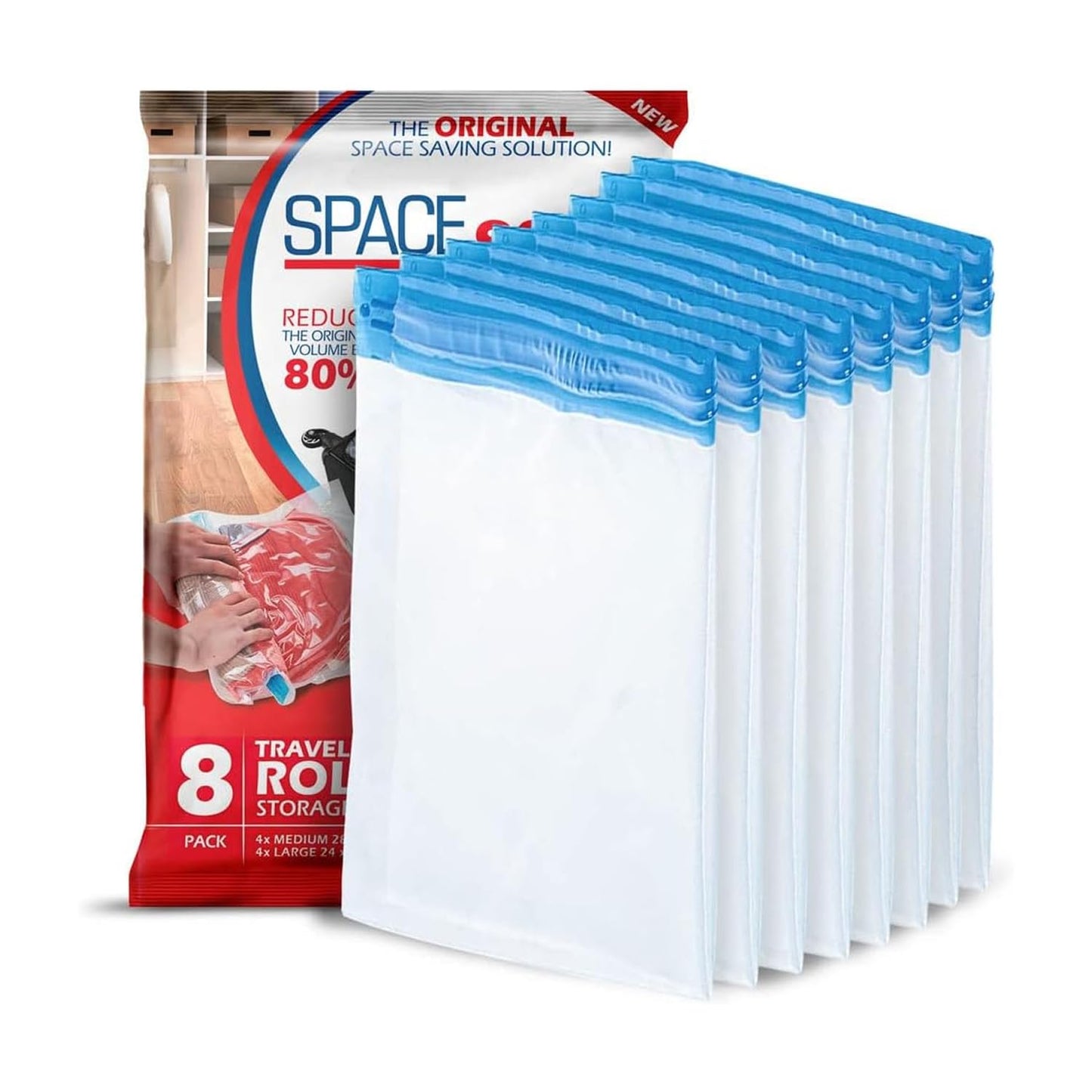 Spacesaver Roll Up Vacuum Storage Bags for Jackets, Suits, Dresses & Clothes – Sealed Compression Bags with Hand Pump – Space Saver Bags for Moving, Travel & Organization - Pack of 8
