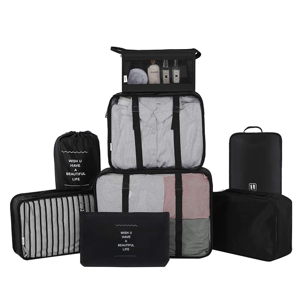 Belsmi 8 Set Packing Cubes with Shoe Bag - Compression Travel Luggage Organizer (Style A - Black)
