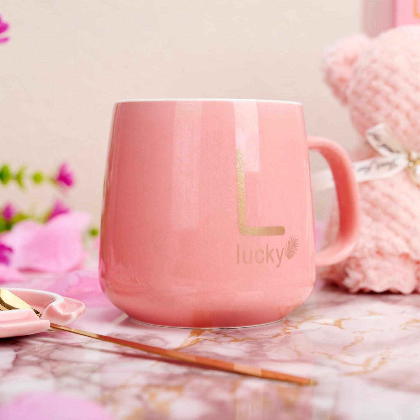 ISHINE Ceramic Coffee Mug and Bear Gift Set, 11oz Bride Newlywed Anniversary Honeymoon Wedding Christmas Birthday Gifts for Best Friend Sister (Pink)