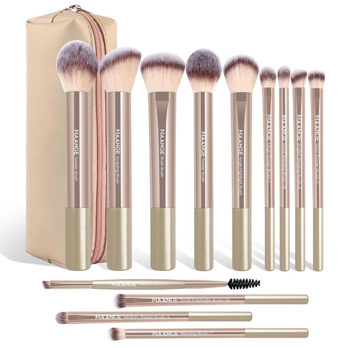 MAANGE 13 PCS Makeup Brushes Professional Make Up Brushes Premium Synthetic Powder Concealers Brushes Travel Makeup Brush Set with Case (Champagne)