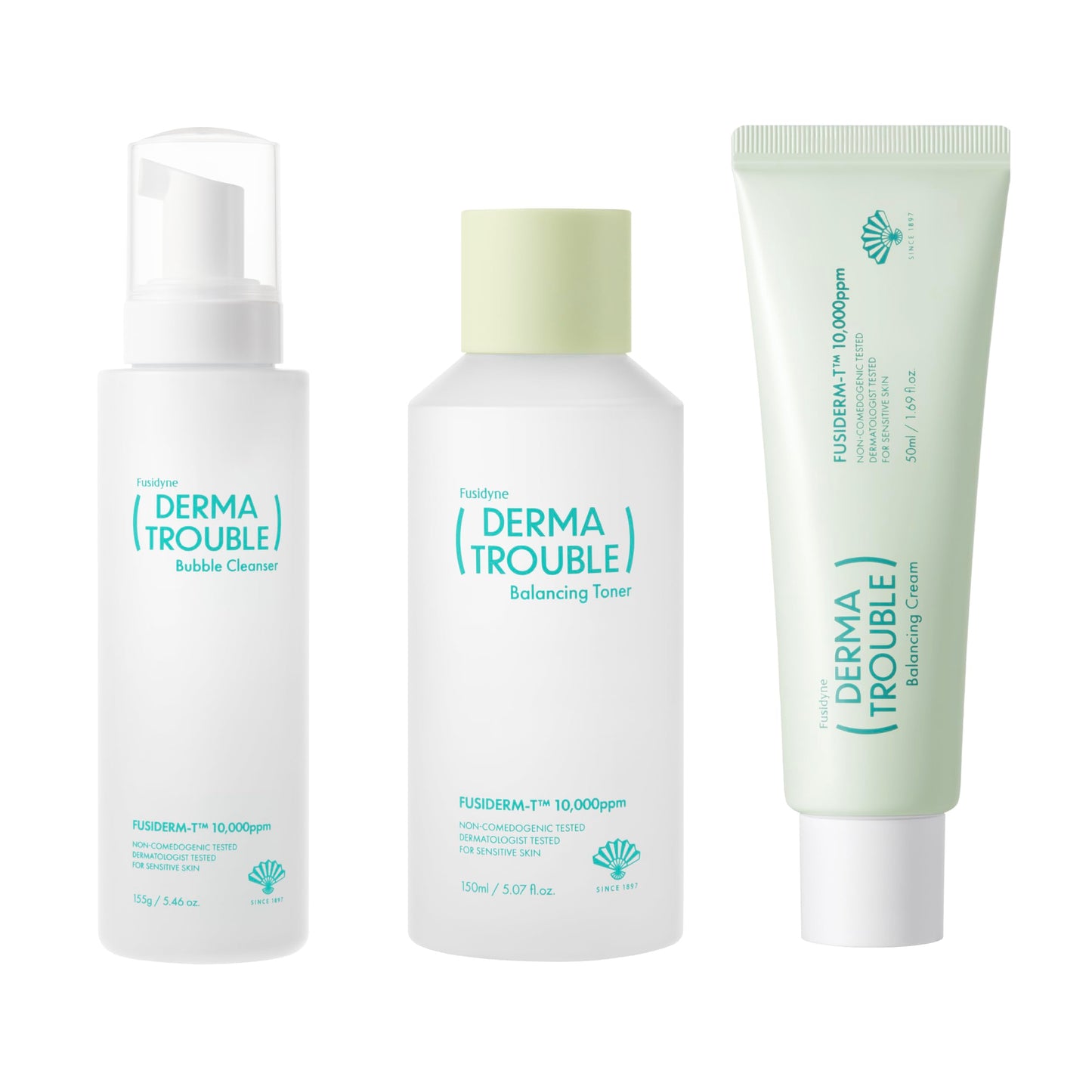 Fusidyne Derma Trouble 3-Step Acne Kit - Korean Skin Care Routine for Clogged Pores & Sensitive Skin, Gentle pH-Balanced Cleanser, Toner & Cream, Non-Irritating Formula. Anti-Sebum Complex, Fusiderm-T