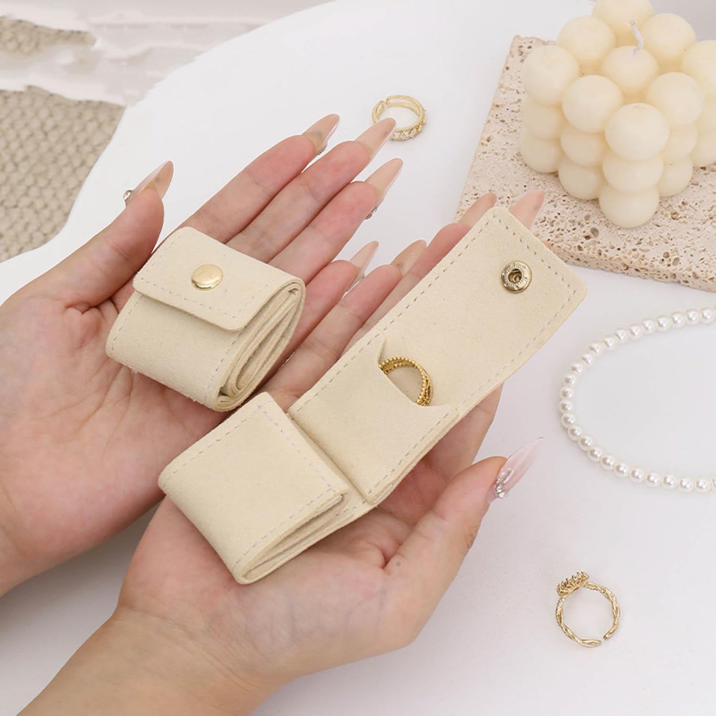 Mini Travel Jewelry Bag Mini Travel Jewelry Roll Bag with Buckle Portable Jewelry Pouch Travel Jewellery Organizer Case Small Foldable Jewellery Box for Earrings, Rings, Necklaces (3pcs) (Beige)