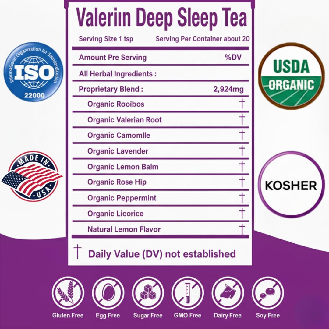Secrets Of Tea Valerian Sleep Tea - Natural USDA Organic Caffeine-Free Tea- Herbal Tea for Sleep and Relaxation with Lavender, Chamomile and Lemon Balm - 20 Count(1 Pack)
