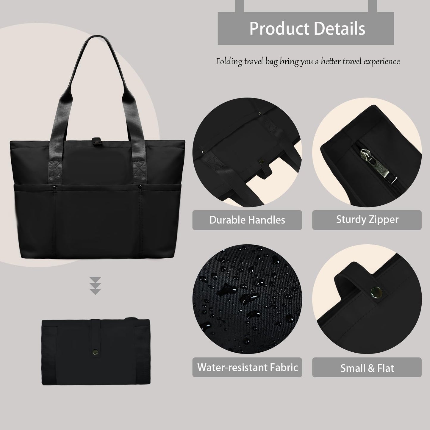Foldable Travel Duffle Bag for Women, Gym Tote With Zipper Top Handle Handbag Large Shoulder Bag