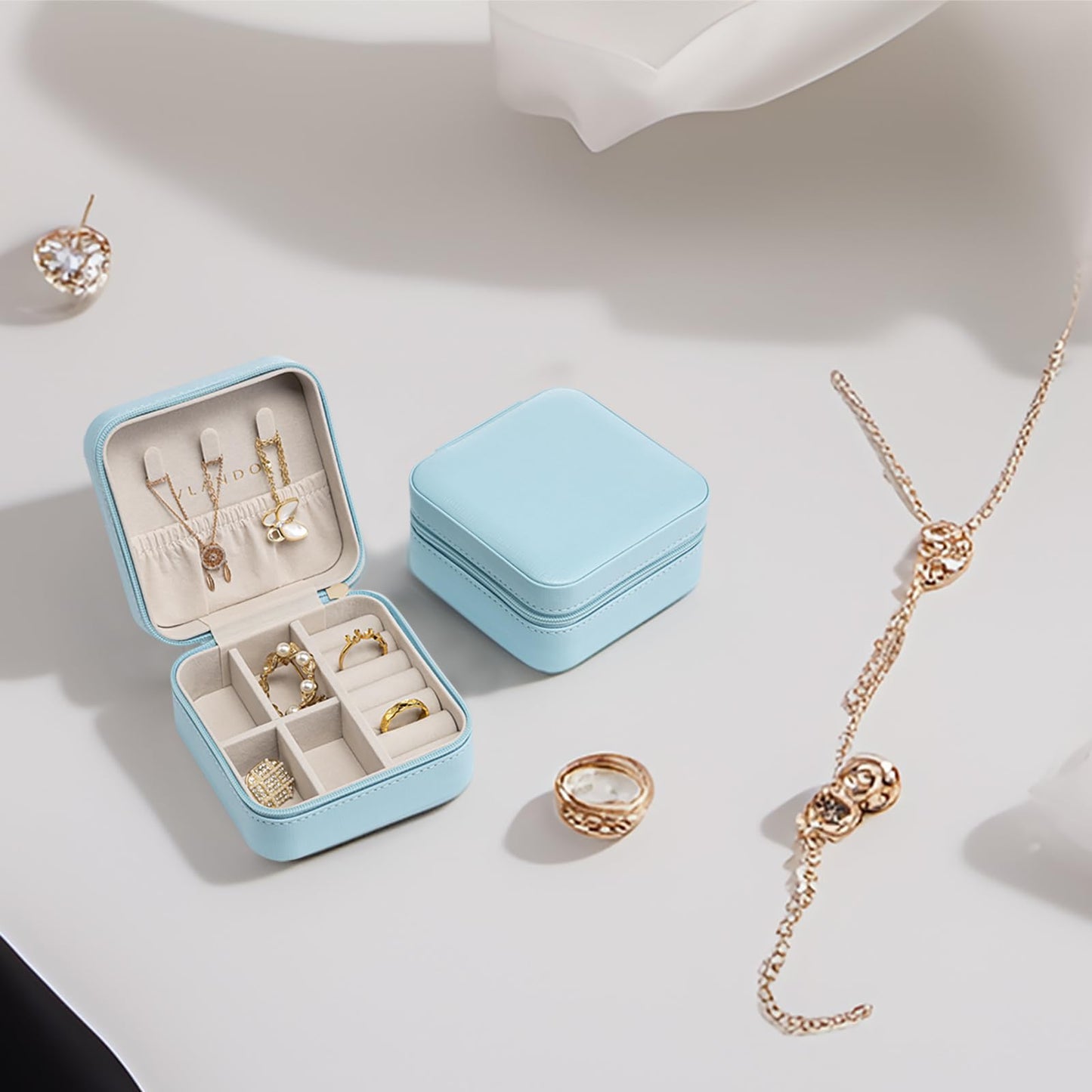 Vlando Small Travel Jewelry Box Organizer Display Case for Girls Women Gift Rings Earrings Necklaces Storage, Blue