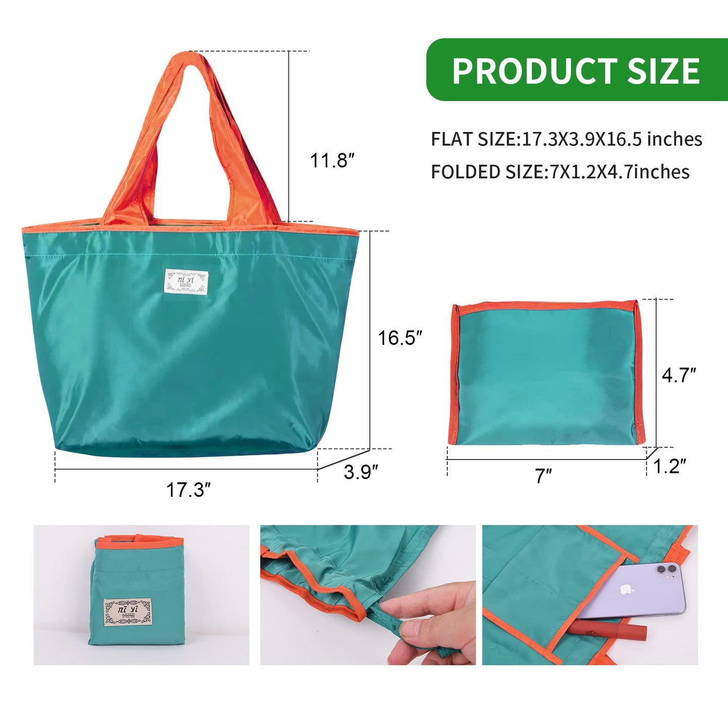 Reusable Shopping Bags Foldable, Large Foldable Tote Bag Fits In Pocket, Kitchen Foldable Grocery Bags Lightweight Strong, Folding/Packable/Foldable Beach Bag for Travel, Black/Blue/Green 3-Pack
