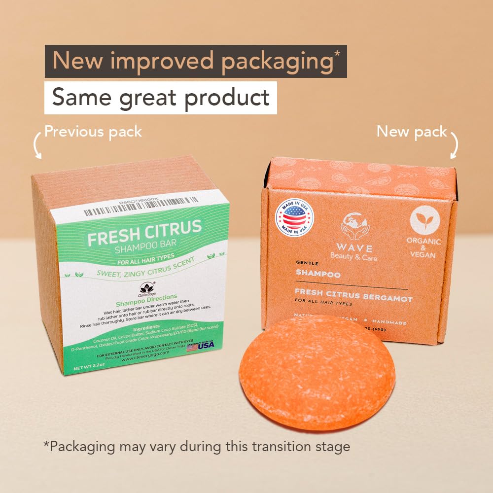 Wave Fresh Citrus Shampoo Bar - Moisturizing & Handmade Vegan Bar for Shiny Hair, Natural, Organic & Non-GMO Shampoo for Women & Men, 2.3 oz, Long-Lasting (80-120 Uses)