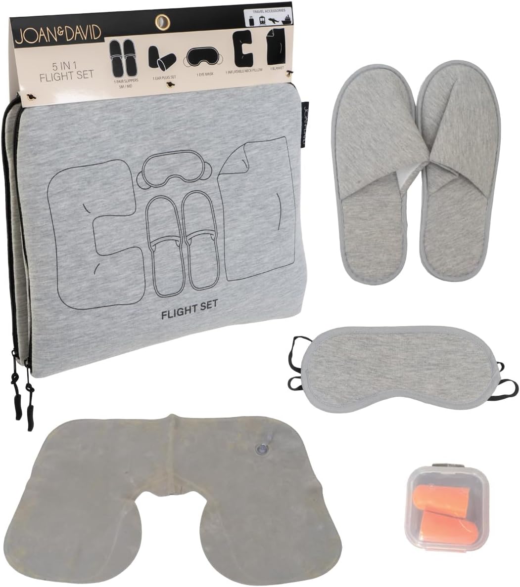Joan & David 5 Piece Travel Kit Pouch With Blanket, Neck Pillow, Slippers, Eye Mask, Ear Plugs SIZE: SMALL/MEDIUM SLIPPERS (FITS MOST MEN/WOMENS SIZE 5-9 COLOR: GREY (JDP2442-024-GRY)