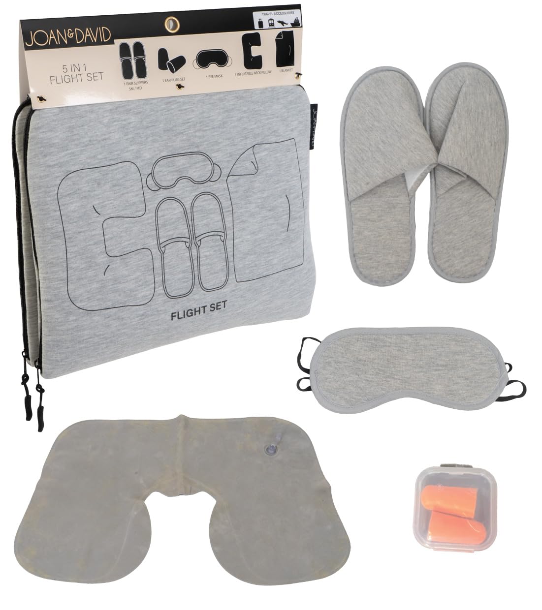 Joan & David 5 Piece Travel Kit Pouch With Blanket, Neck Pillow, Slippers, Eye Mask, Ear Plugs SIZE: SMALL/MEDIUM SLIPPERS (FITS MOST MEN/WOMENS SIZE 5-9 COLOR: GREY (JDP2442-024-GRY)