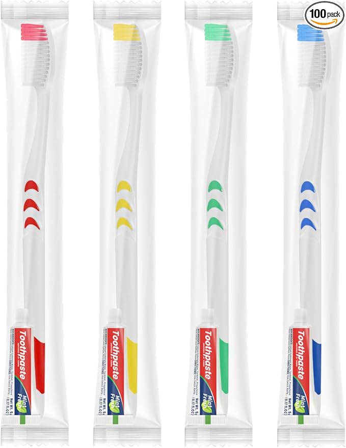 100 Pack Disposable Toothbrush with Toothpaste Set, Individually Wrapped Travel Toothbrushes for Adults & Kids, Portable Soft Bristle Kit for Camping, Hotel, Emergency Use (White, 5g)