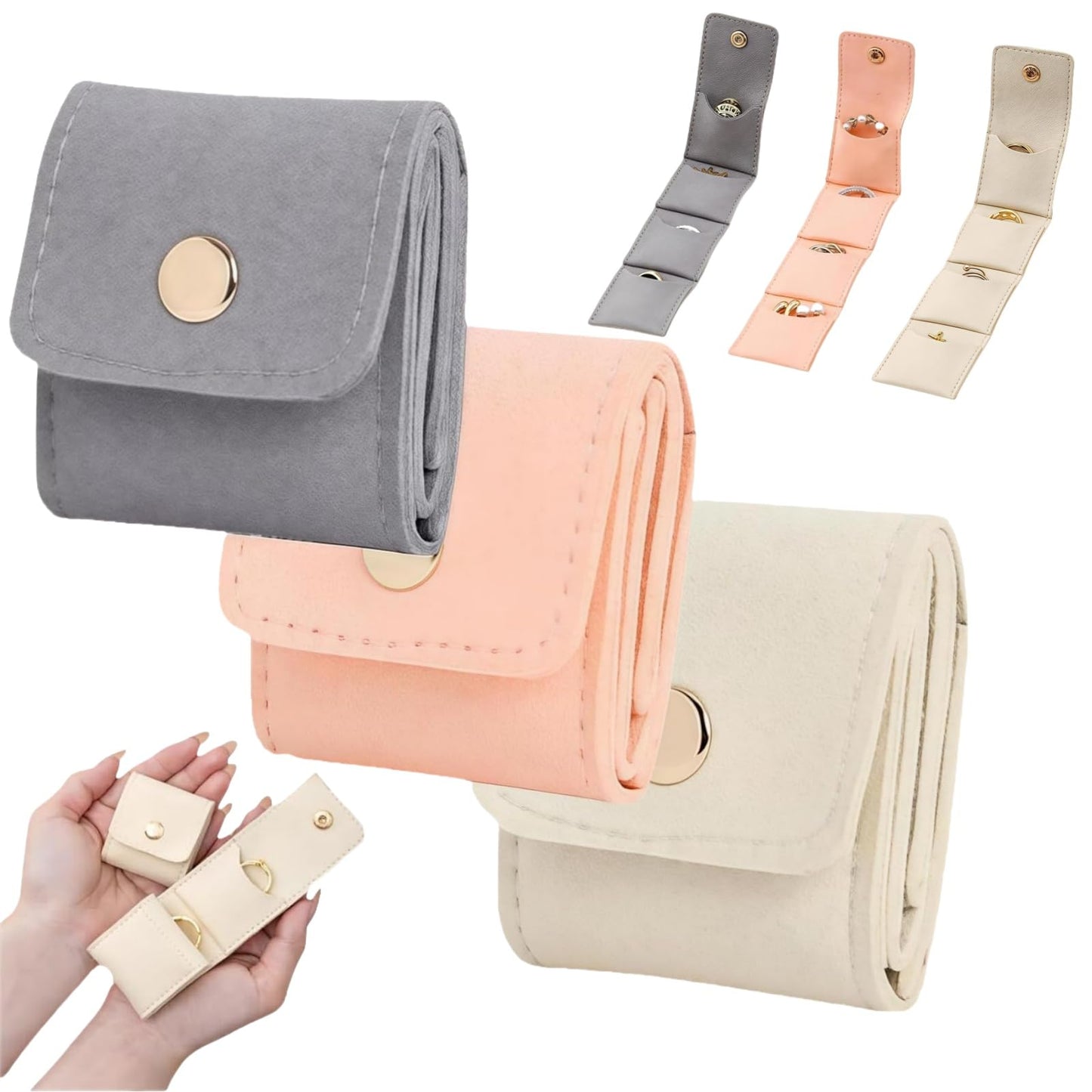 3Pcs Mini Travel Jewelry Bag,Portable Foldable Jewelry Roll Case with Buckle Clasp,Holds Earrings,Rings,Necklaces Bracelets