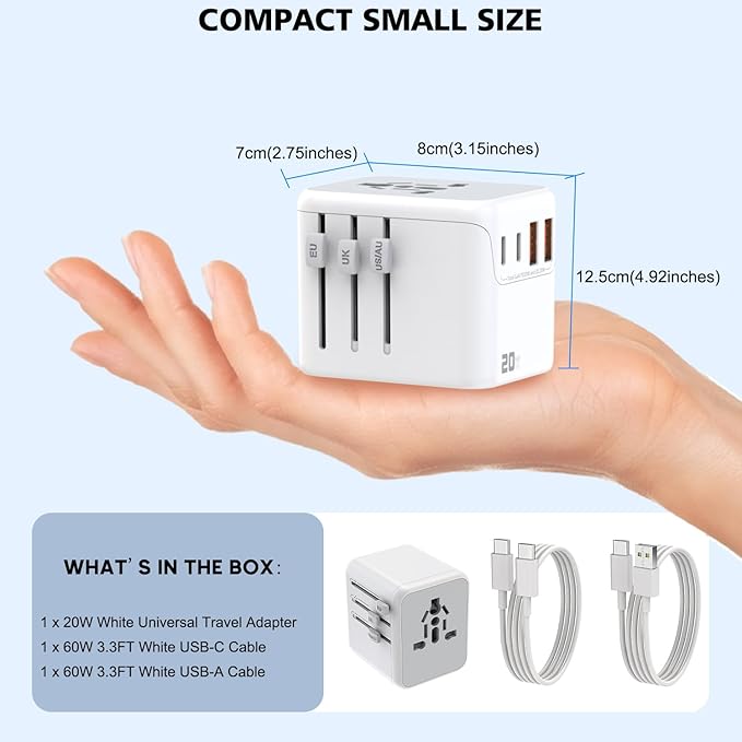 2Pack Universal Travel Adapter, International Travel Plug Adapter with 2 USB-C(PD 20W) & 2 USB-A Ports 3FT Type C Cable Cord,All in One Portable Adaptor for USA, UK, EU, AU & 224+ Countries (White) US
