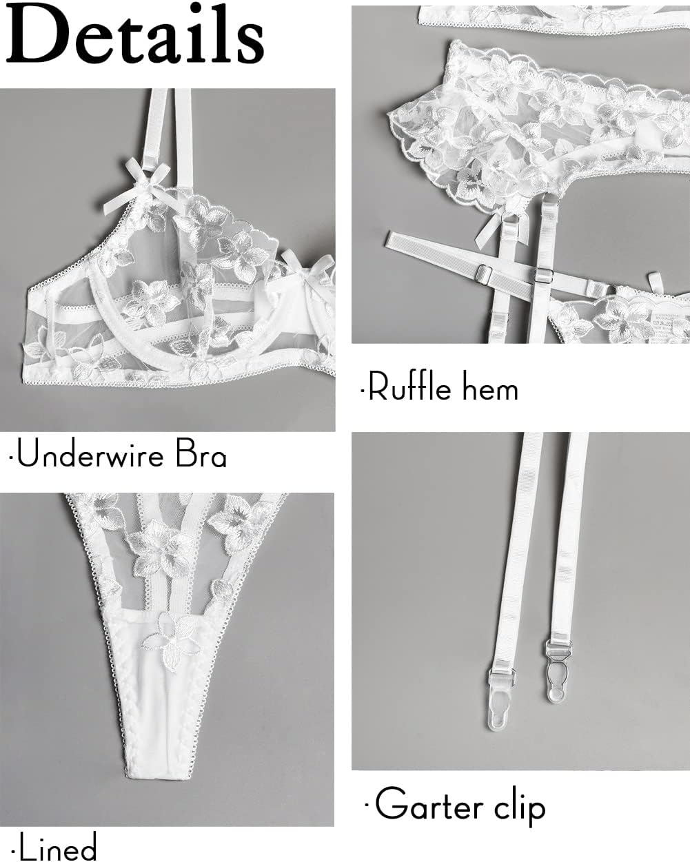 Kaei&Shi Bridal Lingerie,Floral Lace Ruffle Garter Lingerie Set,3 Piece Bachelorette Outfit For Bride Wedding Night Honeymoon White Medium