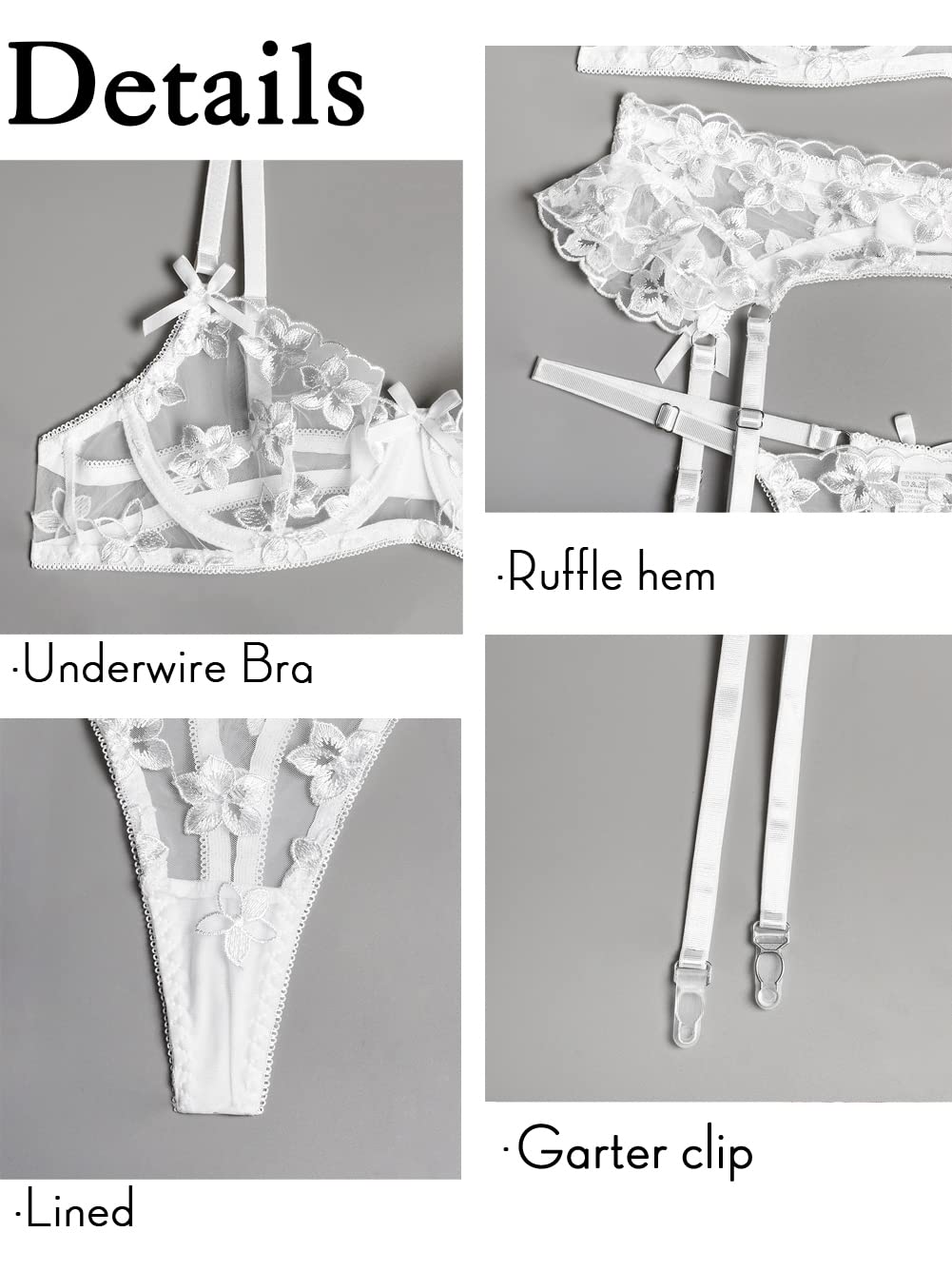Kaei&Shi Bridal Lingerie,Floral Lace Ruffle Garter Lingerie Set,3 Piece Bachelorette Outfit For Bride Wedding Night Honeymoon White Medium