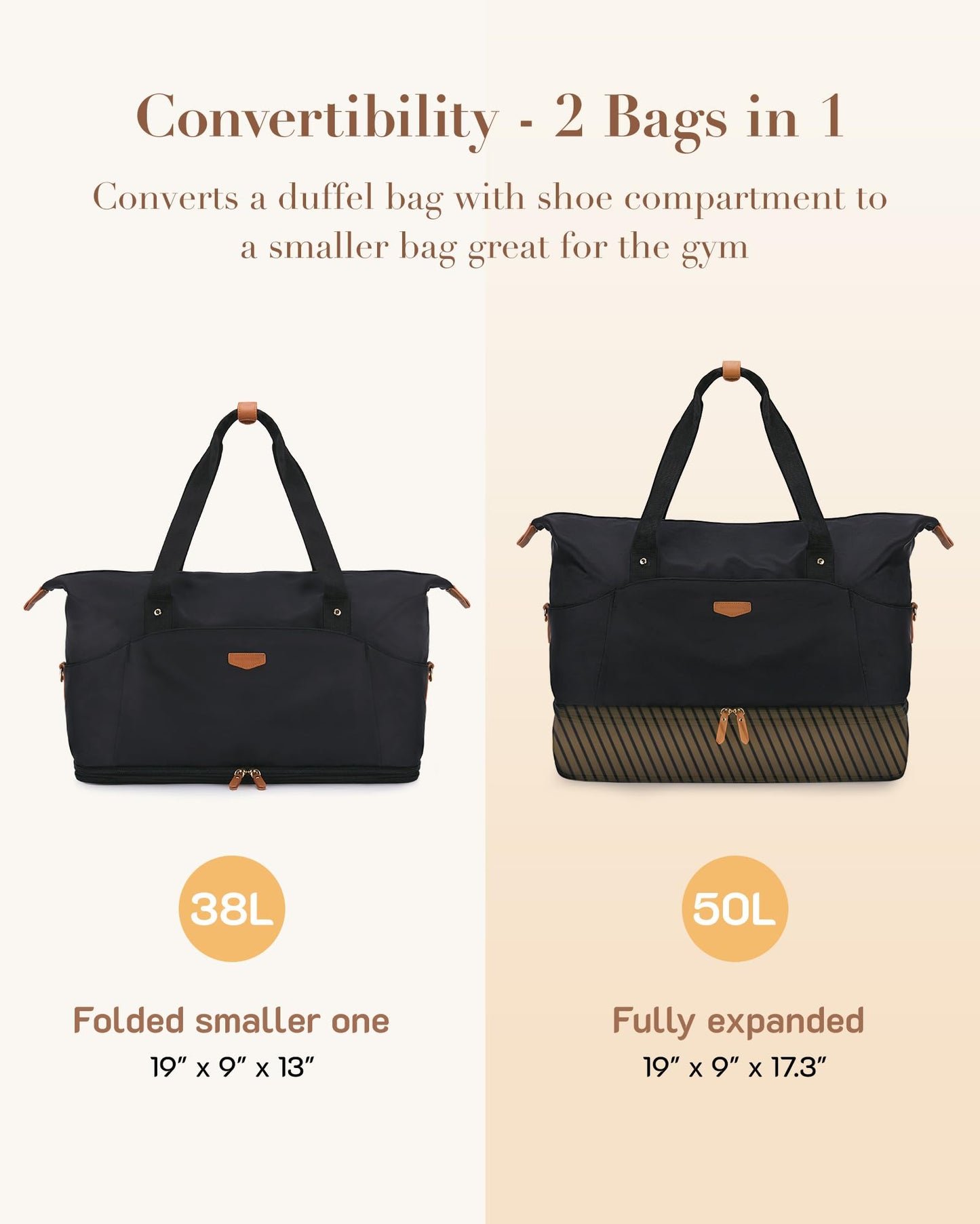 Missnine Weekender Bag for Women, Foldie Travel Bag Expandable with Shoes Compartment Travel Duffel 50L Carry on Overnight Gym