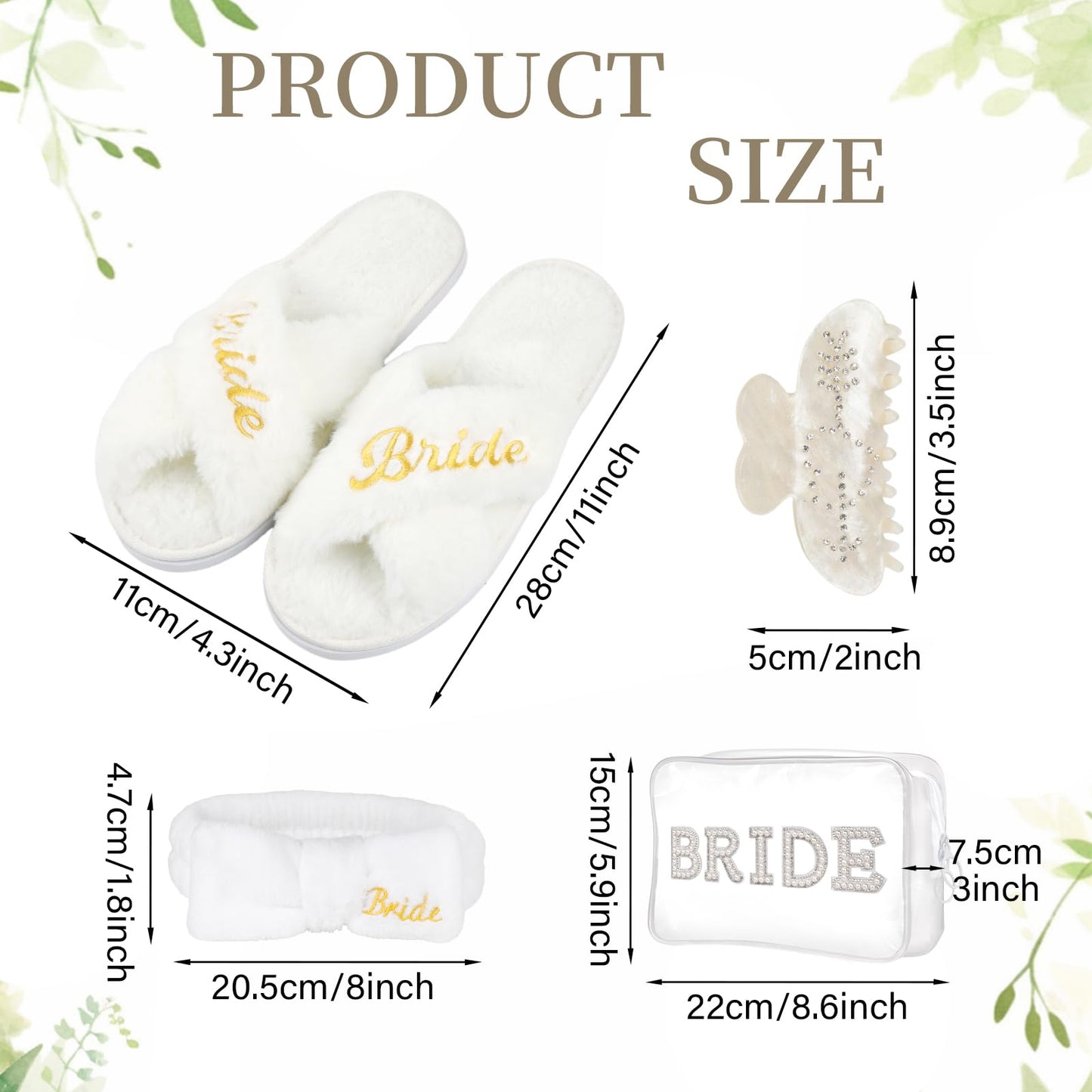 Hazms Bride To Be Gifts Set-4Pcs Bridal Shower Gifts Ideal Bride Gifts for Bachelorette, Wedding, Engagement and Honeymoon Bridal Hair Clip,Makeup Bag, Slippers, Hair Bands Bridal Gifts Set