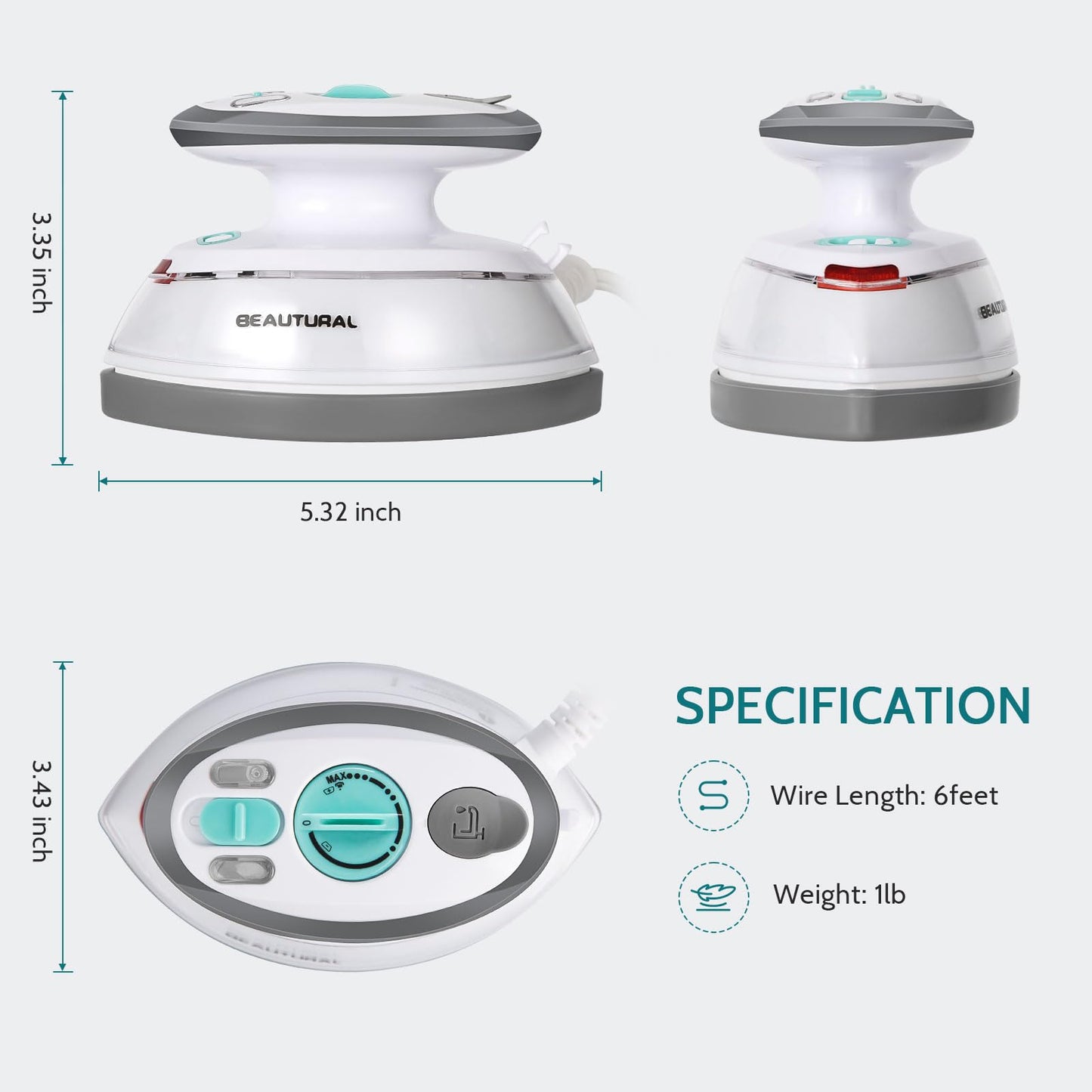 BEAUTURAL Mini Travel Steam Iron for Clothes with Dual Voltage, Non-Stick Soleplate, Anti-Slip Handle, Ideal for Sewing, Quilting and Handcraft