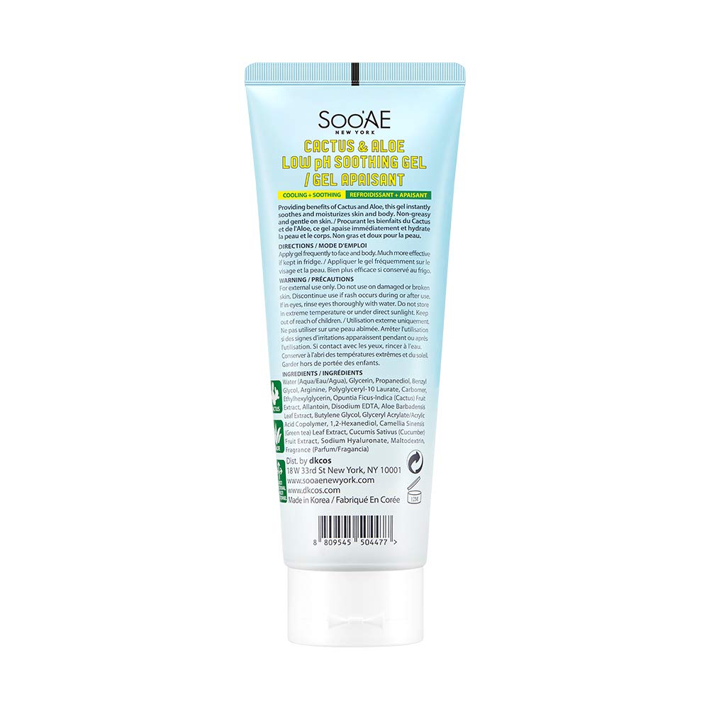 Soo'AE CACTUS & ALOE Low pH Soothing Gel 7.05 oz. Aloe vera gel for face with Cactus Extra Soothing Face and body after sun cooling gel