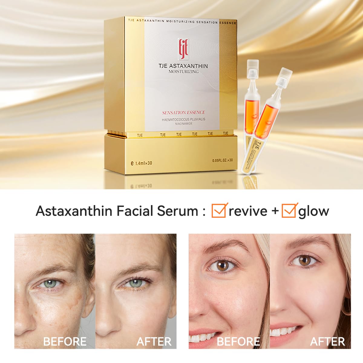 TJE Astaxanthin Serum for Face, Hyaluronic Acid Ampoules with Astaxanthin, Anti-Aging, Fine Lines, Boost Glow, Pore Minimizingm Antioxidant Nourishing Blend - 1.4ml*30pcs