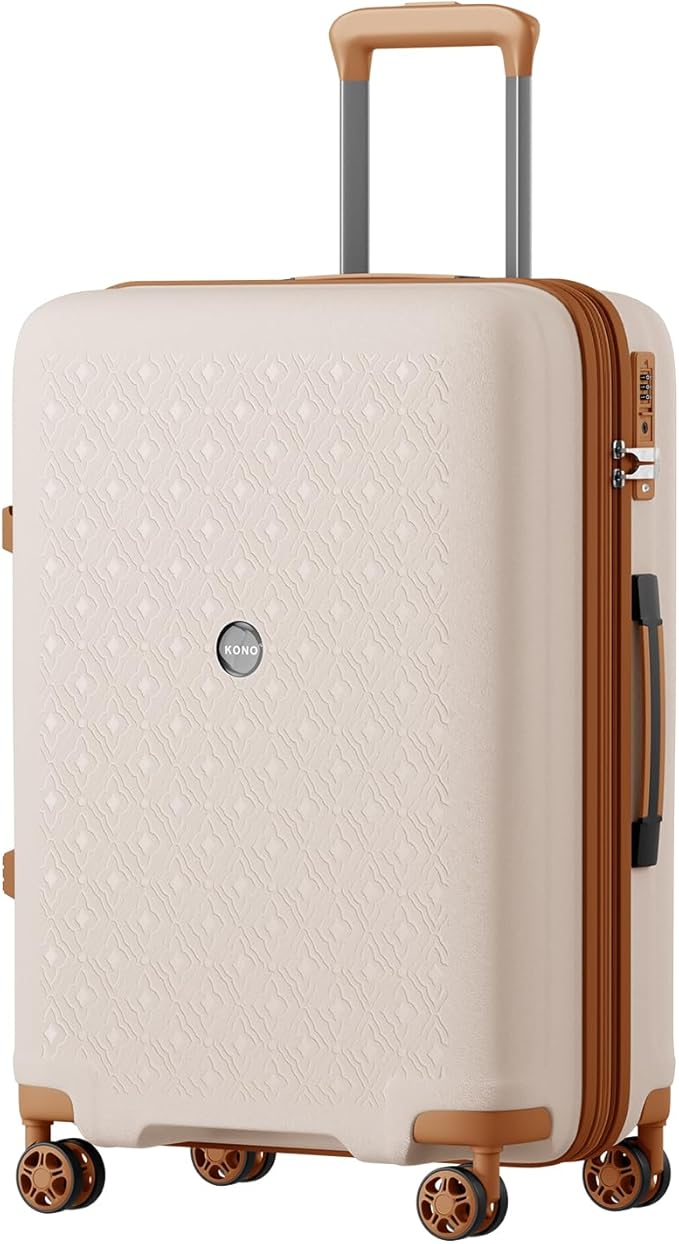 Kono Expandable 24 Inch Hard Shell Travel Luggage, Large capacity for easy travel, Hidden Cup Holder & TSA Lock Lightweight Suitcase - Cream/Brown