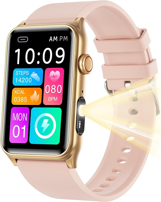 KPEP Health Fitness Watch with LED Flashlight, 24/7 Stress/Blood Pressure/SpO2/Heart Rate/Sleep Monitor, 100+ Sport Modes Calorie Counter Pedometer IP68 Waterproof Fitness Tracker for Men Women, Pink