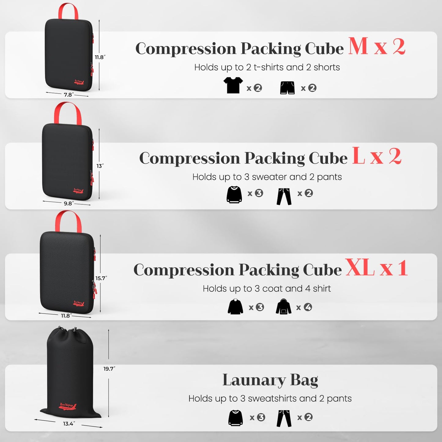 Percover 6 Set Compression Packing Cubes for Travel, 3 Sizes (5+1) for Carry-On Travel, Waterproof Compression Packing Cubes Set with Laundry Bag & Luggage Organizer (Black)