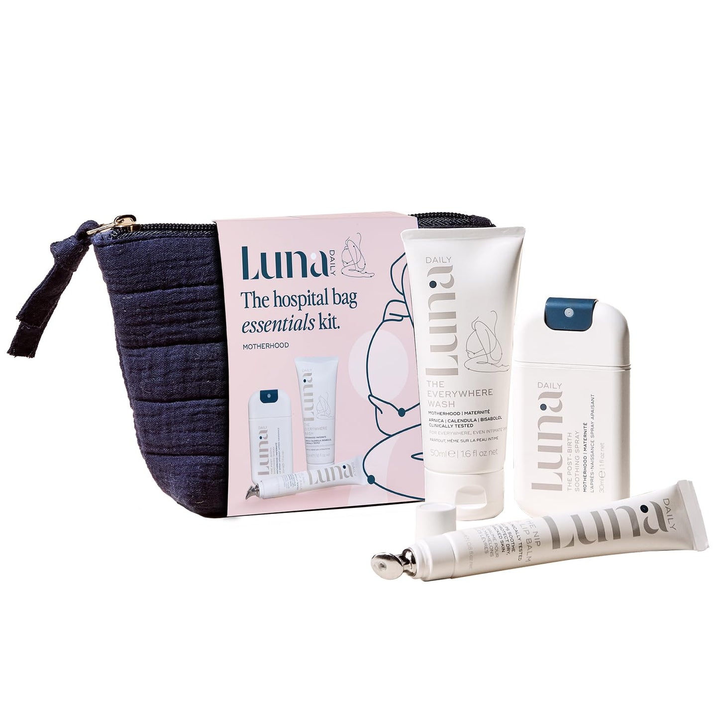 Luna Daily Hospital Bag Essentials Kit, Pregnancy & Postpartum Care | Travel-Size Feminine Wash, Perineal Spray & Nipple Balm | pH-Balanced, Soothing & Hydrating Intimate Skincare for New Moms