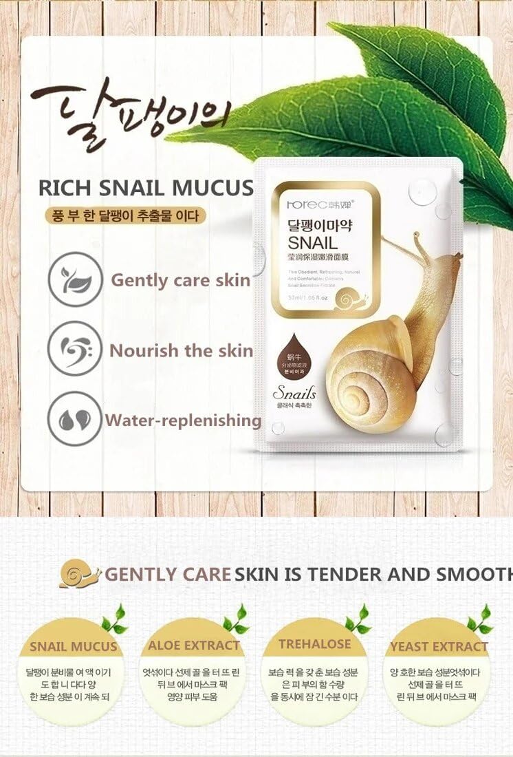 HCHANA Korean Face Mask Snail Essence Sheet Mask – Hydrating & Moisturizing, Anti-Wrinkle & Anti-Aging Sheet Pack with Snail Secretion Filtrate & Aloe Vera (10 Sheets)