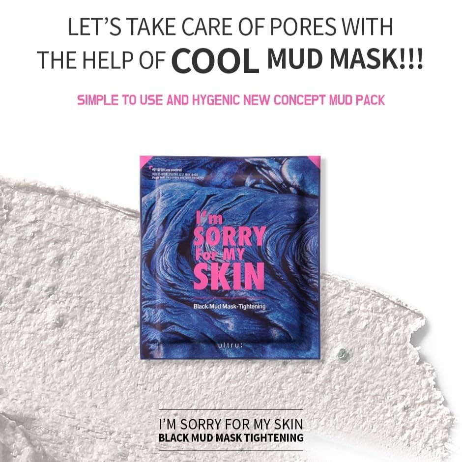 I'M SORRY FOR MY SKIN Bentonite Clay Mud Sheet Masks Set, Korean Skin Care, Exfoliating Face Masks with Volcanic Ash, Sebum Control, Pore Minimizer, Tightening, Soothing (Black 2pcs & Green 2pcs)