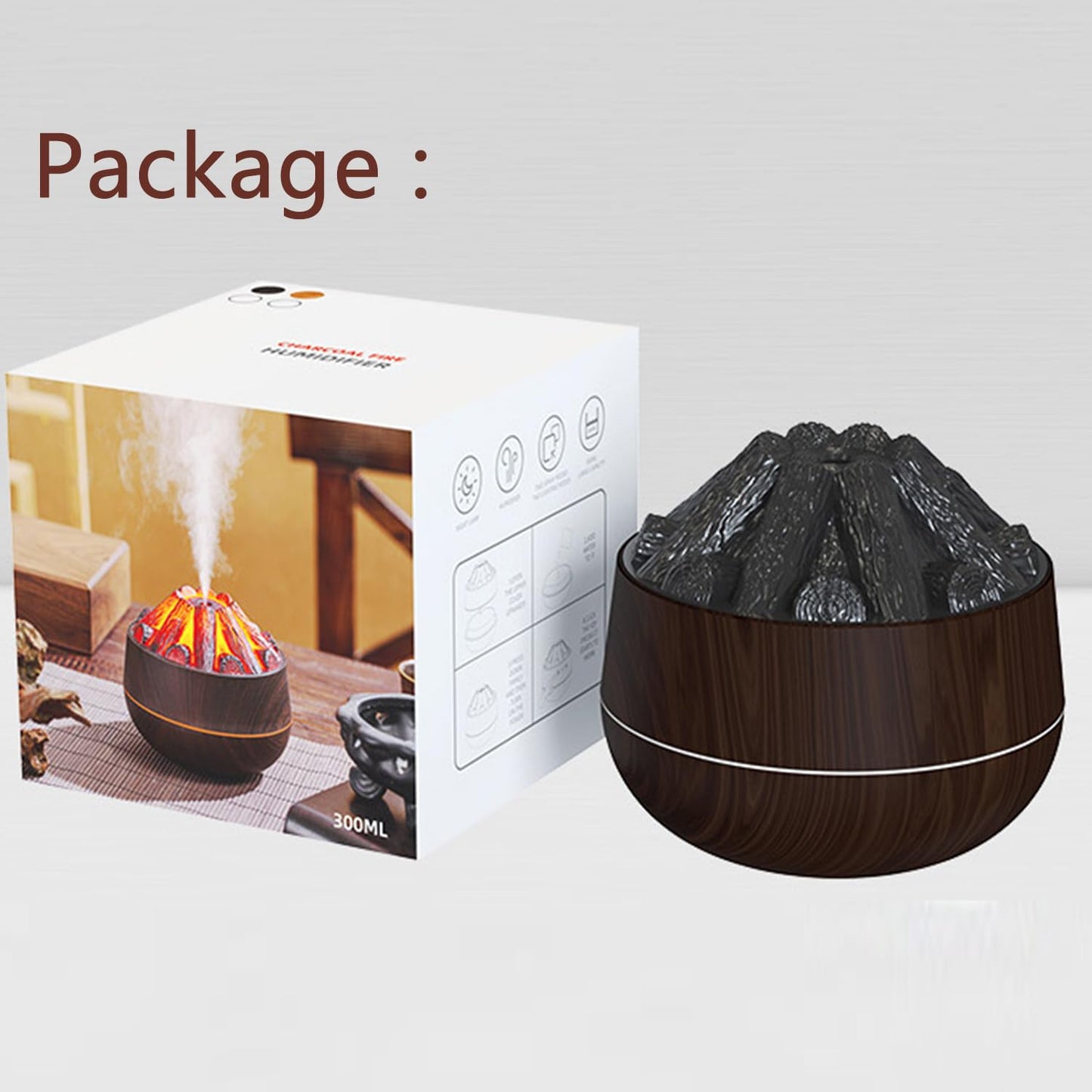 Viewmoi Simulated Carbon Fire Humidifier, Cool Mist Humidifier with Charcoal Fire Design, Ultra-Quiet Humidifier for Large Room, Bedroom, Office, Wood Grain (Light Texture), medium, SX-E351