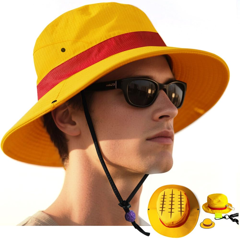 3-in-1 OP Captain Inspired Sun Hat Set - UPF 50+ Foldable Wide Brim Bucket Hat with Adjustable Back Vent + Strawhat Key Case & Enamel Pin, Unisex Waterproof Outdoor Hat for Women/Men