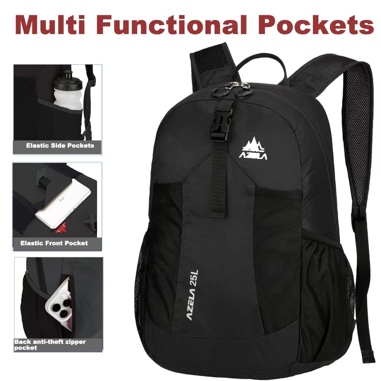 Nastravail Lightweight Packable Backpack 25L Small Lightweight Backpack for Travel Hiking Daypack Foldable Daypack for Women Men Black