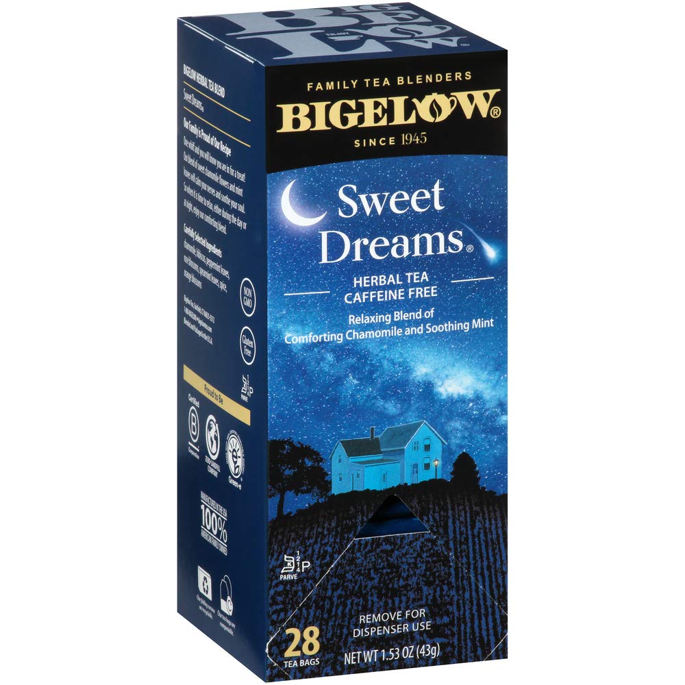 Bigelow Sweet Dreams Herbal Tea 28-Count Box (Pack of 1) Relaxing Blend of Chamomile & Mint Caffeine-Free Nighttime Herbal Tea in Individual Foil-Wrapped Bags