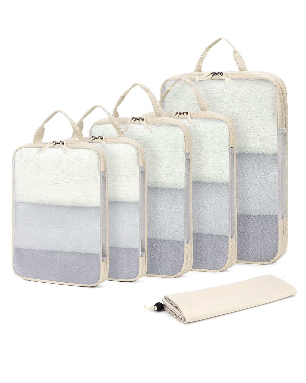 ECOHUB 6 Set Compression Packing Cubes, Lightweight Beach Vacation Travel Essentials Durable Travel Accessories for Suitcase Carry On Luggage Organizer Bags with YKK Zippers Shoe Bag, Beige